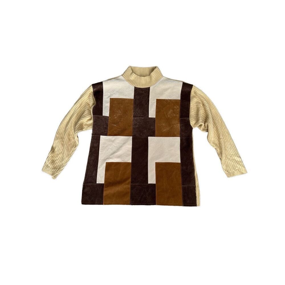 Vintage 80s Koman Men’s XXL Color Block Sweater Beige/Brown Faux Suede Patchwork